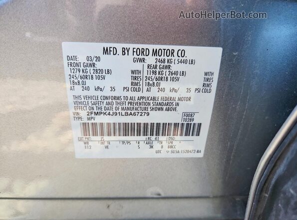 2FMPK4J91LBA67279 2020 FORD EDGE Серебряный Вид наклейки с VIN-кодом