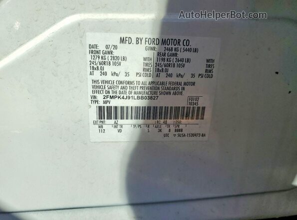 2FMPK4J91LBB03827 2020 FORD EDGE White Vista interior de 360 grados