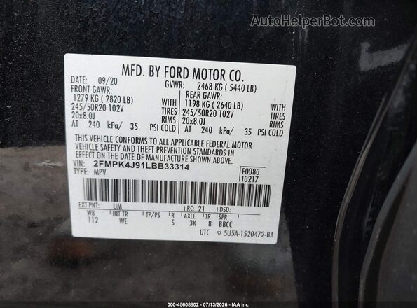 2FMPK4J91LBB33314 2020 FORD EDGE Black Շարժիչի բաժամունքի տեսք