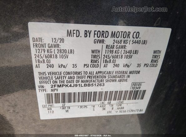 2FMPK4J91LBB51263 2020 FORD EDGE Gray Շարժիչի բաժամունքի տեսք