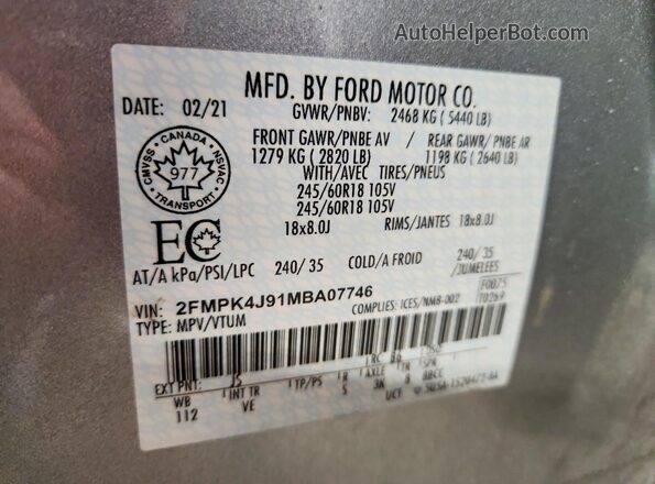 2FMPK4J91MBA07746 2021 FORD EDGE Серебряный Панорамный вид салона 360°
