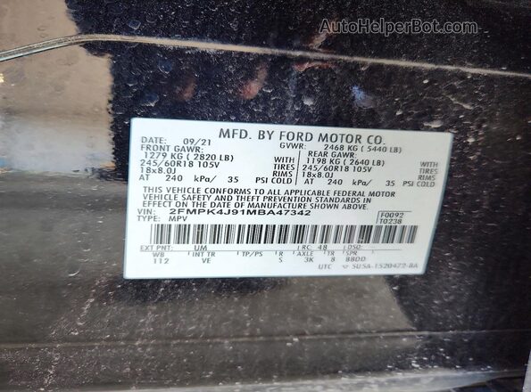 2FMPK4J91MBA47342 2021 FORD EDGE Черный Панорамный вид салона 360°