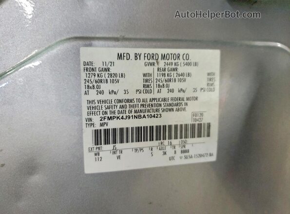 2FMPK4J91NBA10423 2022 FORD EDGE Silver VIN կոդի պիտակի տեսք