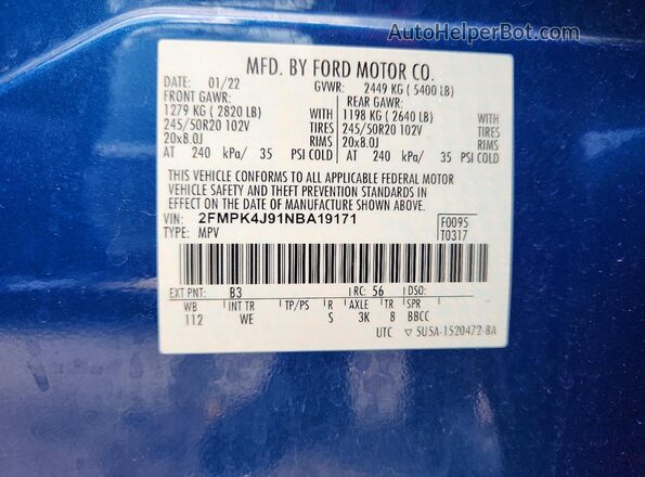 2FMPK4J91NBA19171 2022 FORD EDGE Blue Widok naklejki z numerem VIN