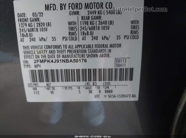 2FMPK4J91NBA50176 2022 FORD EDGE Gray ძრავის განყოფილების ხედი