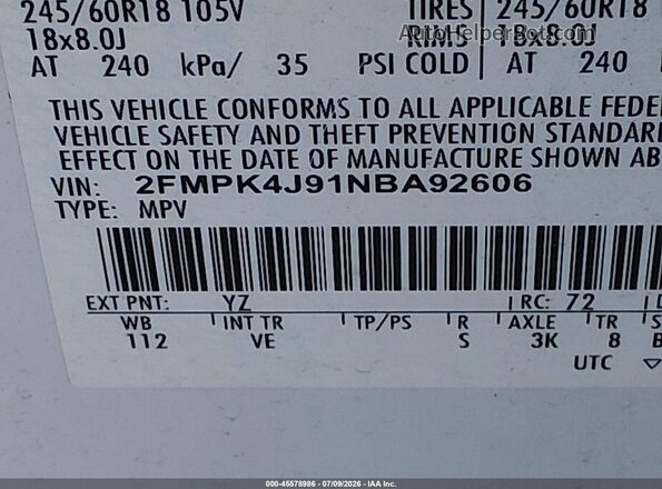2FMPK4J91NBA92606 2022 FORD EDGE White Вид підкапотного простору