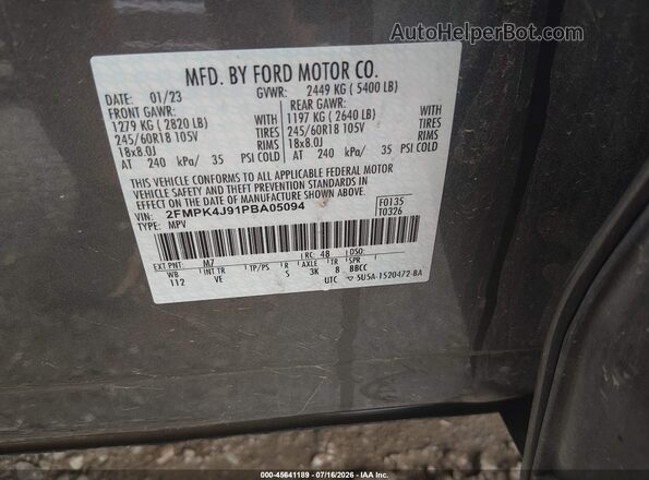 2FMPK4J91PBA05094 2023 FORD EDGE Gray Вид наклейки з VIN-кодом
