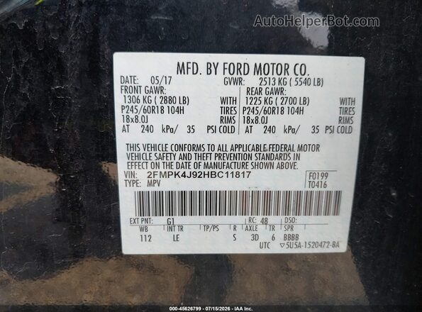 2FMPK4J92HBC11817 2017 FORD EDGE Black Vista del compartimento del motor