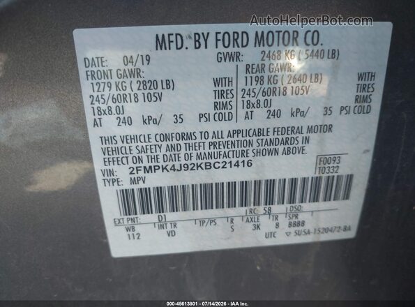 2FMPK4J92KBC21416 2019 FORD EDGE Brown Engine compartment view