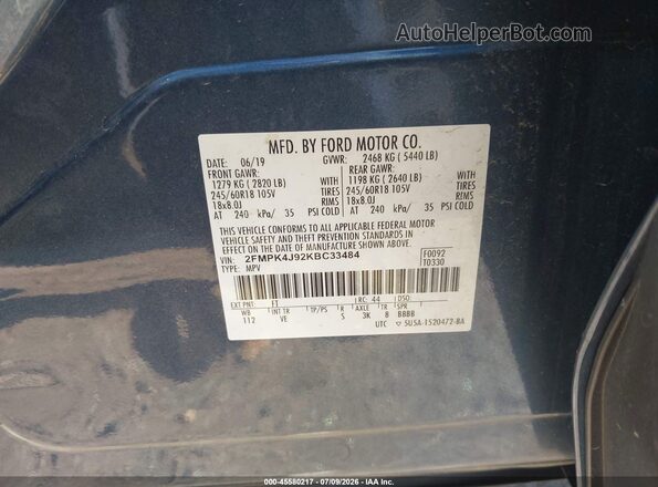 2FMPK4J92KBC33484 2019 FORD EDGE Blue Вид підкапотного простору