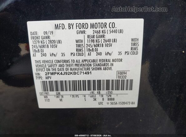 2FMPK4J92KBC71491 2019 FORD EDGE Черный Вид подкапотного пространства