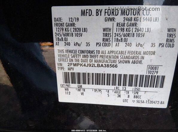 2FMPK4J92LBA38566 2020 FORD EDGE Black ძრავის განყოფილების ხედი