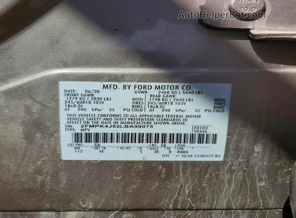 2FMPK4J92LBA99075 2020 FORD EDGE Tan Widok naklejki z numerem VIN