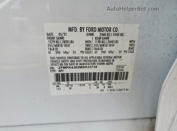 2FMPK4J92MBA33739 2021 FORD EDGE White Панорамний вид салону 360°
