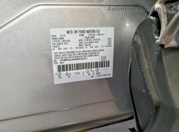 2FMPK4J92NBA03531 2022 FORD EDGE Silver VIN კოდის სტიკერის ხედი