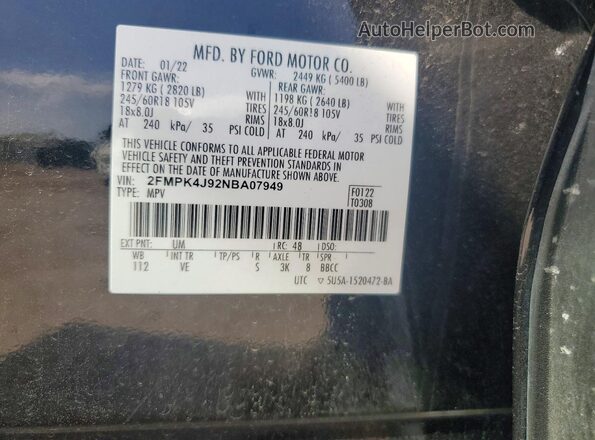 2FMPK4J92NBA07949 2022 FORD EDGE Black 360 interior view