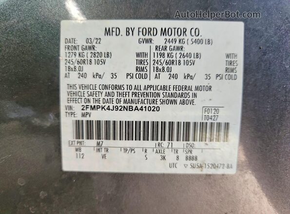2FMPK4J92NBA41020 2022 FORD EDGE Gray Սալոնի 360 աստիճան տեսք