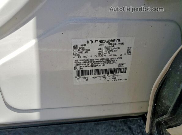 2FMPK4J92NBA63356 2022 FORD EDGE White VIN კოდის სტიკერის ხედი