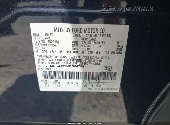 2FMPK4J92NBB04794 2022 FORD EDGE Black Widok komory silnika
