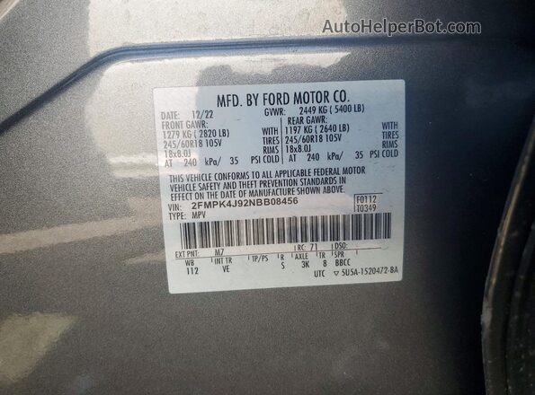 2FMPK4J92NBB08456 2022 FORD EDGE Gray VIN sticker view