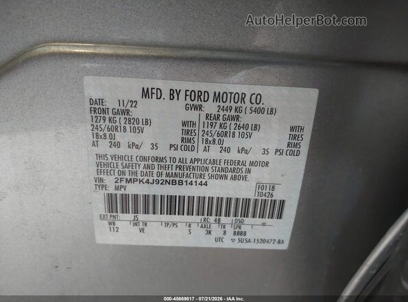 2FMPK4J92NBB14144 2022 FORD EDGE Silver Engine compartment view