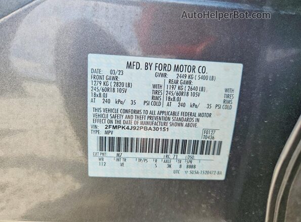 2FMPK4J92PBA30151 2023 FORD EDGE Gray Vista de la etiqueta del VIN