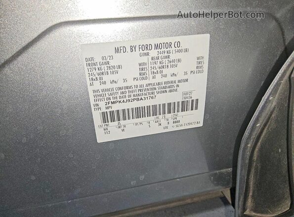 2FMPK4J92PBA31767 2023 FORD EDGE Gray Widok naklejki z numerem VIN