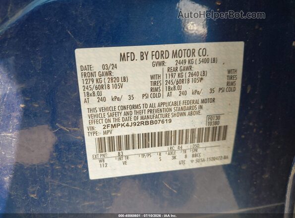 2FMPK4J92RBB07619 2024 FORD EDGE Blue Vista del compartimento del motor