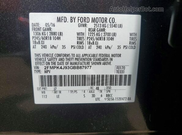2FMPK4J93GBB87977 2016 FORD EDGE Gray ძრავის განყოფილების ხედი