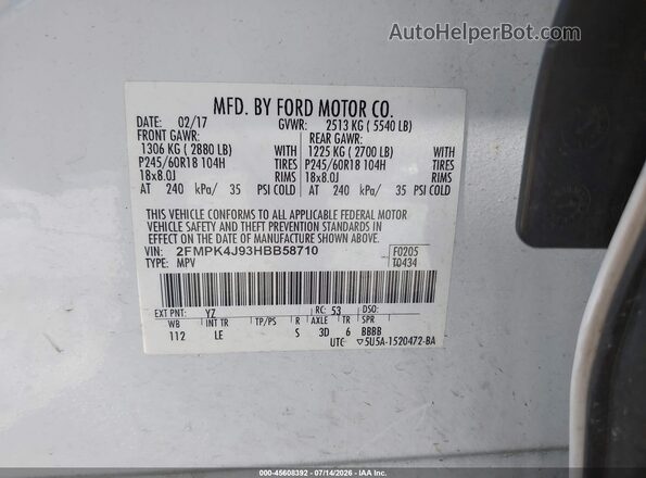 2FMPK4J93HBB58710 2017 FORD EDGE White Вид підкапотного простору