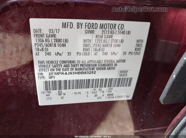 2FMPK4J93HBB83252 2017 FORD EDGE Maroon Widok komory silnika