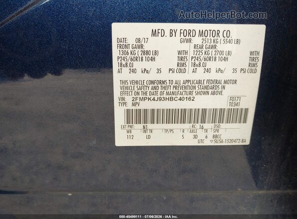 2FMPK4J93HBC40162 2017 FORD EDGE Blue Vista del compartimento del motor