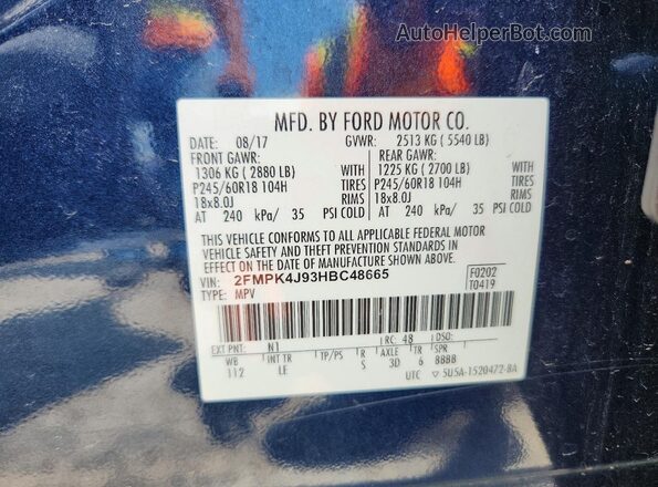 2FMPK4J93HBC48665 2017 FORD EDGE Blue Widok naklejki z numerem VIN