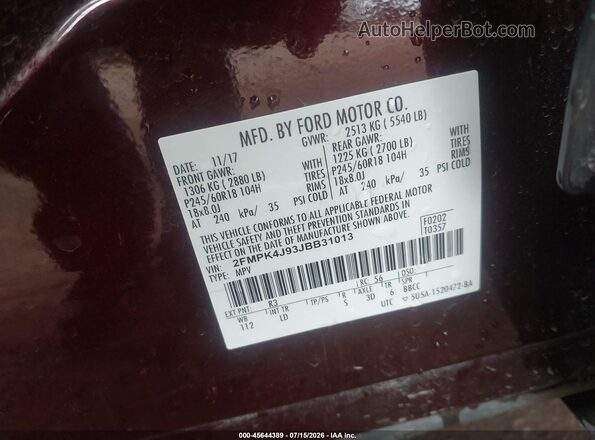 2FMPK4J93JBB31013 2018 FORD EDGE Purple ძრავის განყოფილების ხედი
