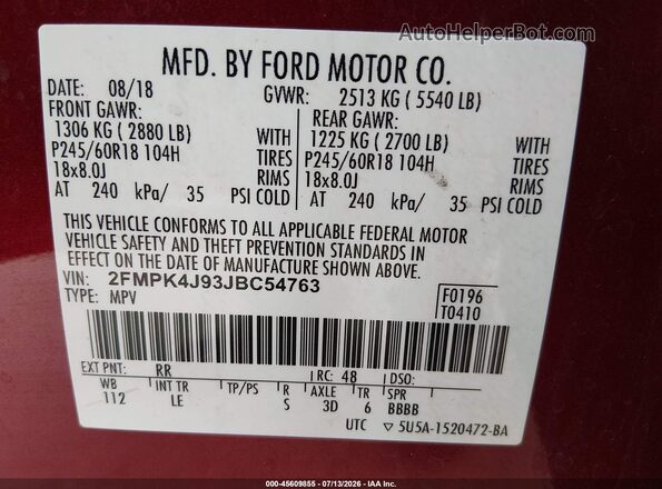 2FMPK4J93JBC54763 2018 FORD EDGE Red Вид підкапотного простору