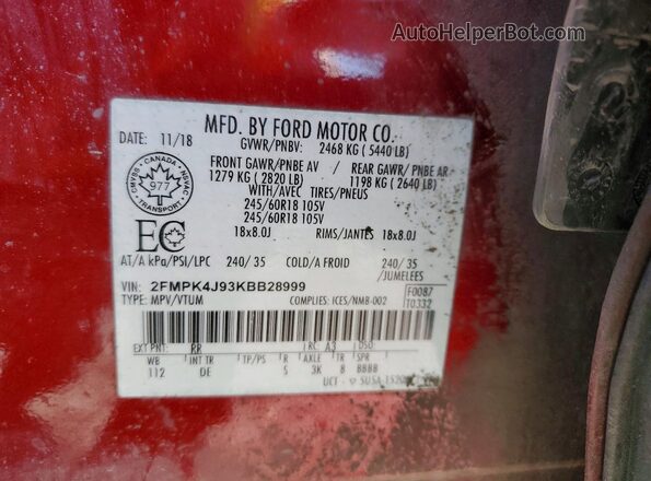2FMPK4J93KBB28999 2019 FORD EDGE Красный Панорамный вид салона 360°