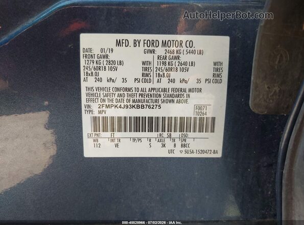 2FMPK4J93KBB76275 2019 FORD EDGE Blue Widok komory silnika
