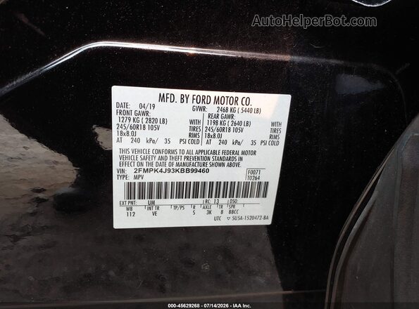 2FMPK4J93KBB99460 2019 FORD EDGE Черный Вид подкапотного пространства