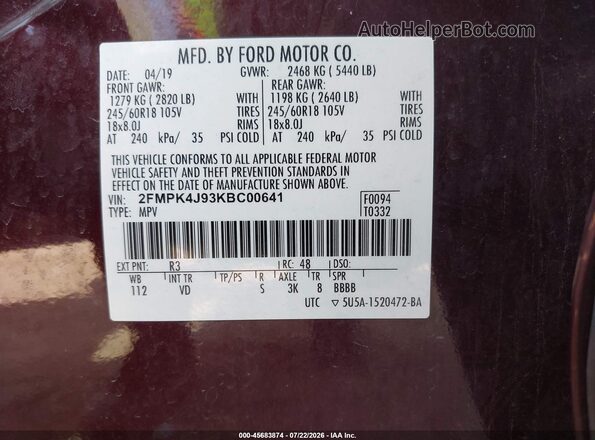 2FMPK4J93KBC00641 2019 FORD EDGE Burgundy Widok komory silnika