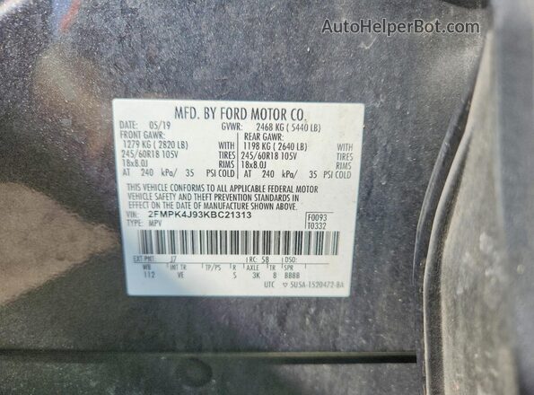 2FMPK4J93KBC21313 2019 FORD EDGE Gray VIN sticker view
