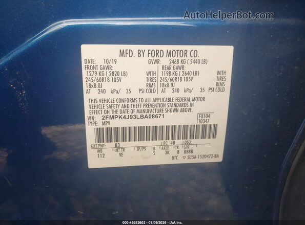2FMPK4J93LBA08671 2020 FORD EDGE Blue Widok komory silnika