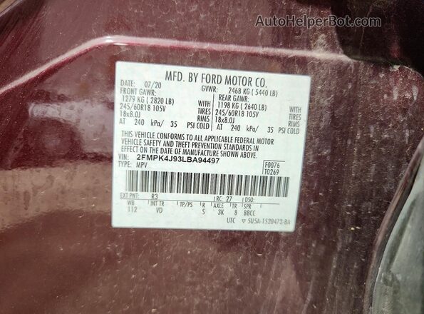 2FMPK4J93LBA94497 2020 FORD EDGE Purple Widok naklejki z numerem VIN