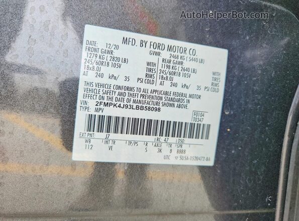 2FMPK4J93LBB58098 2020 FORD EDGE Gray Вид наклейки з VIN-кодом