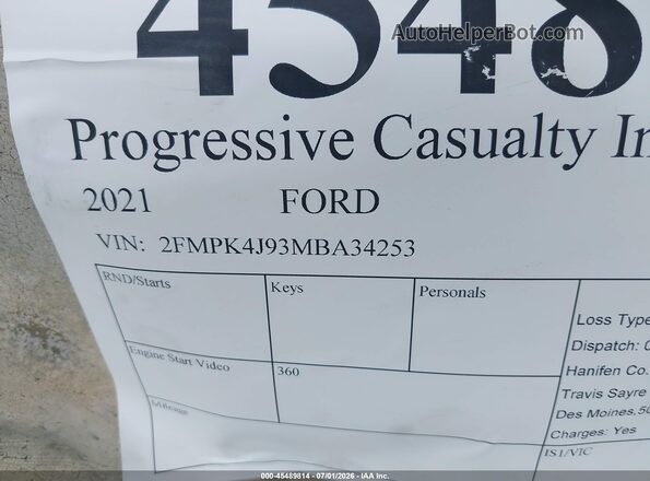 2FMPK4J93MBA34253 2021 FORD EDGE Gray Engine compartment view
