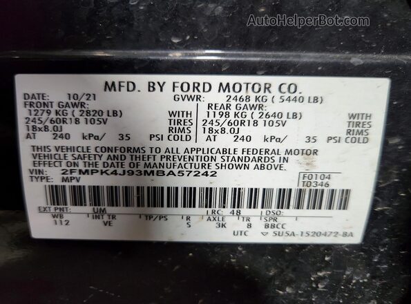 2FMPK4J93MBA57242 2021 FORD EDGE Black ძრავის განყოფილების ხედი