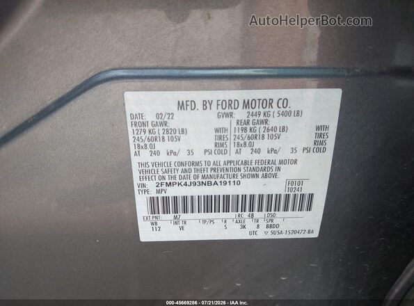 2FMPK4J93NBA19110 2022 FORD EDGE Gray Engine compartment view