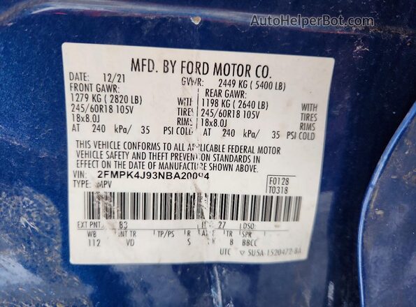 2FMPK4J93NBA20094 2022 FORD EDGE Blue ძრავის განყოფილების ხედი