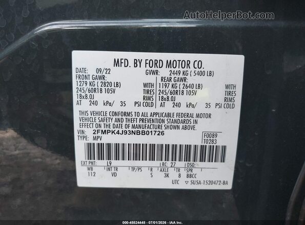 2FMPK4J93NBB01726 2022 FORD EDGE Зеленый Вид подкапотного пространства