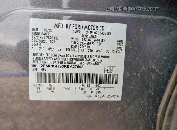 2FMPK4J93RBA27598 2024 FORD EDGE Серый Вид наклейки с VIN-кодом