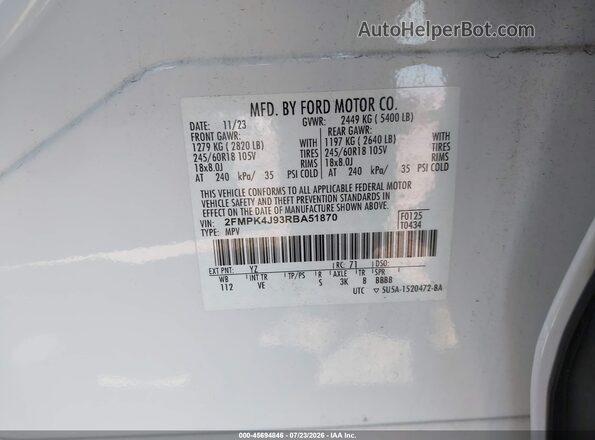 2FMPK4J93RBA51870 2024 FORD EDGE White Vista del compartimento del motor